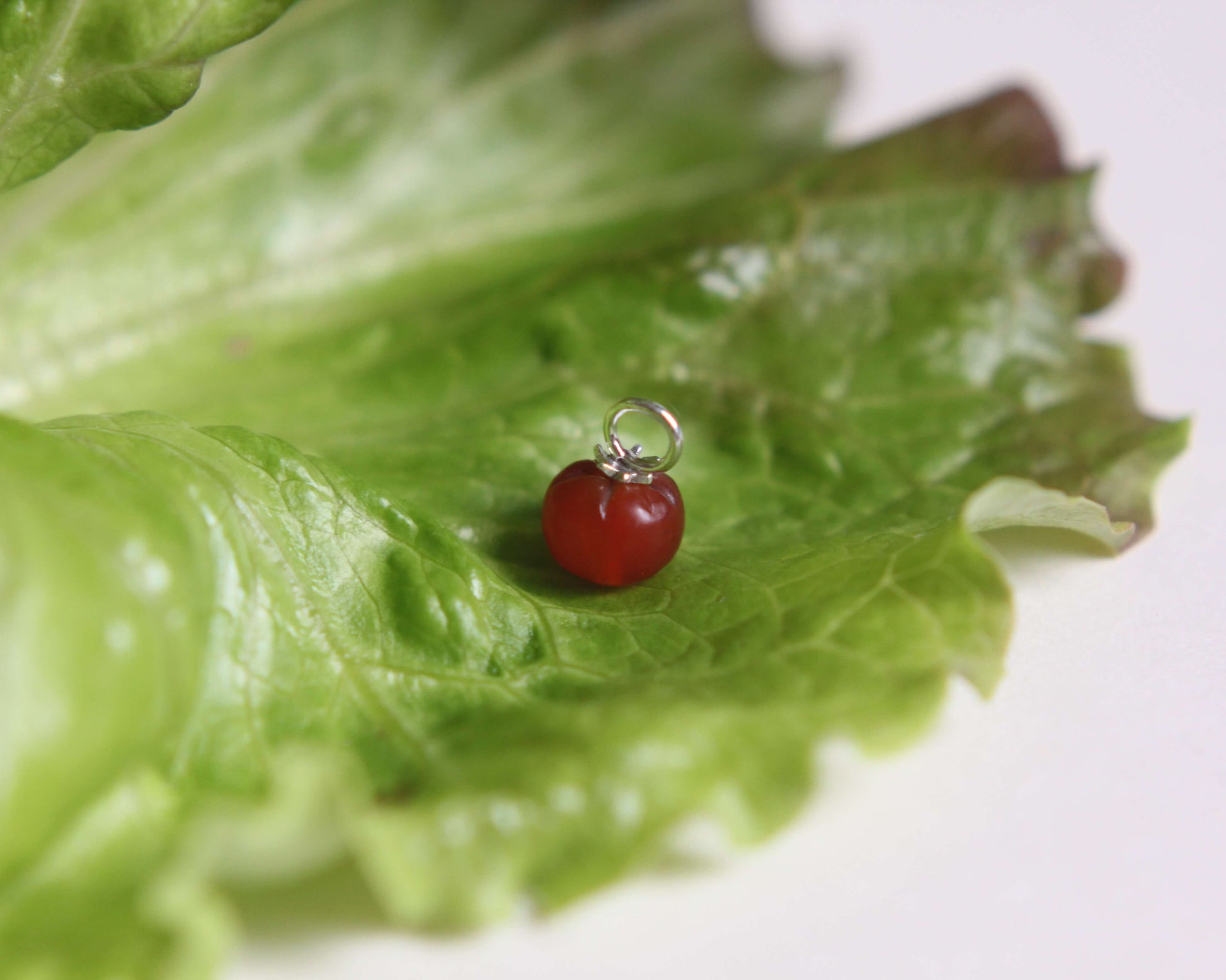 Pendentif tomate seul posé sur une feuille de salade sur un fond blanc