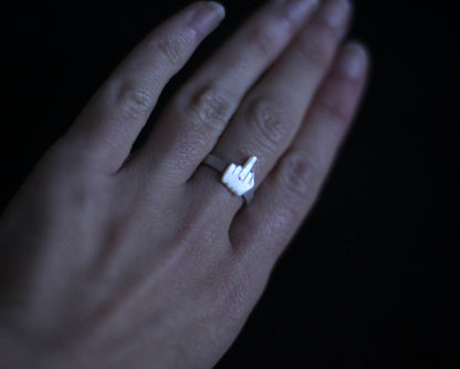 vue d'une main portant une bague en argent massif surmontée d'un doigt d'honneur en nacre