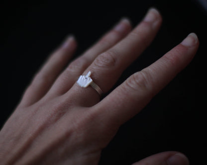 bague en argent massif ornée d'un doigt d'honneur en nacre sculptée