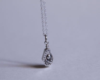 pendentif en argent massif en forme de fiole de poison avec une tête de mort accroché au bout d'une chaine